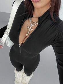StreetHx Petite 街頭風秋季女款純色長袖半拉鍊連身褲 - 黑色 - 查看 4