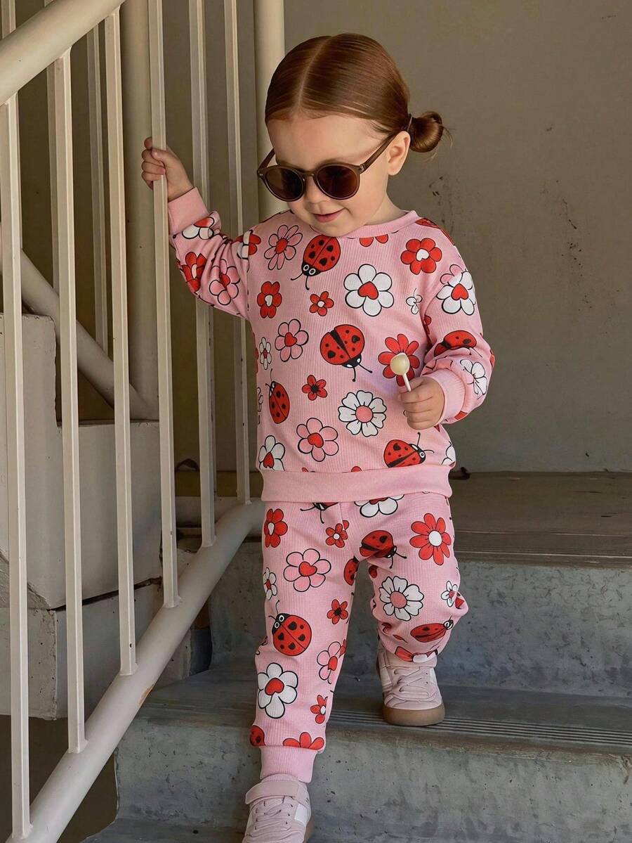 THE HAPPY LOOK 2pcs/Set Young Girl Ladybug Pattern Knit Soft Crew Neck Long Sleeve Pullover Sweatshirt And Elastic Waist Pants - Multicolor - View 1