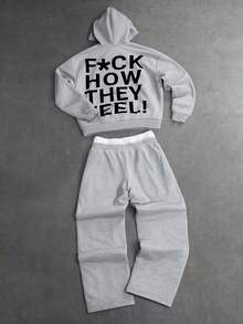 PAVTROS Men's Letter Pattern Hoodie And Sweatpants Casual Daily Outfit Set - Grey - View 2