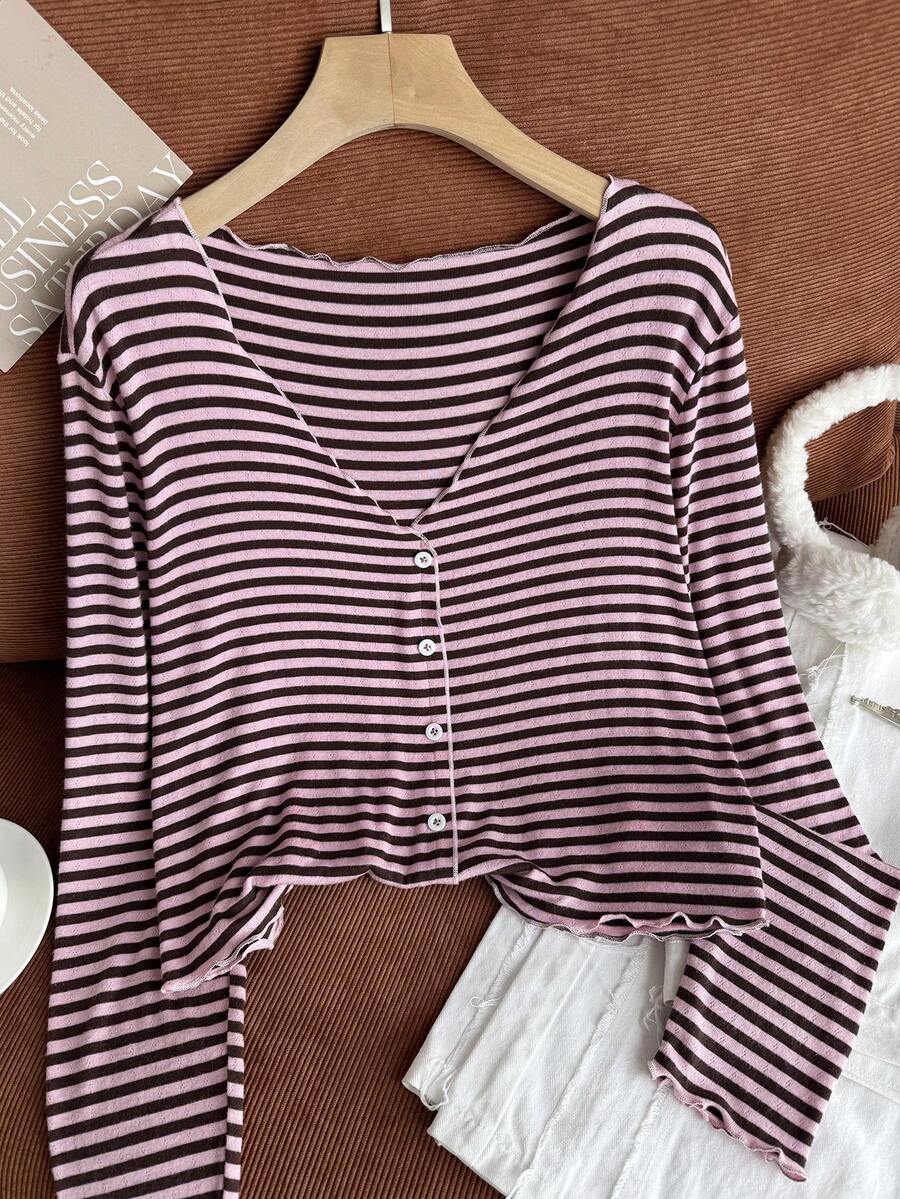 Comfortcana Plus Size Streetwear Striped Colorblock Single-Breasted Frill Trim T-Shirt Fall - Pink - View 1