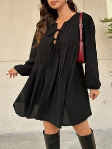 SHEIN Frenchy 大码纯色系带长袖休闲短款连衣裙 - 黑色 - 查看 5