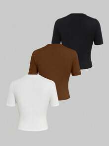 Sweetra Plus Size Women's Solid Color Fold-Over Collar T-Shirt - Multicolor - View 2