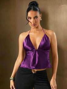 Hauture Satin Low Neck Backless Holiday New Year Party Top - Purple - View 4