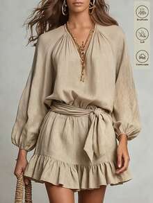 SHEIN Latest Women's Gentle Style Textured V-Neck Tie-Front Ruffle Dress, Crafted From Light Apricot Textured Fabric, V-Neck + Gathered Neckline With Lantern Sleeve Design, Waist Tie Bow Cinched Waist, Ruffle Hem Adds Lively Atmosphere, Suitable For Daily Dates, Light Vacations, Casual Commuting - Khaki - View 3