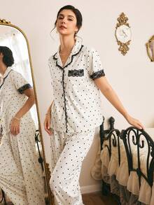 Côtesoire French Elegant Polka Dot Print Knit Fabric, Contrast Color Lace Patchwork Short Sleeve Long Pants Women's Pajama Set - Black and White - View 5