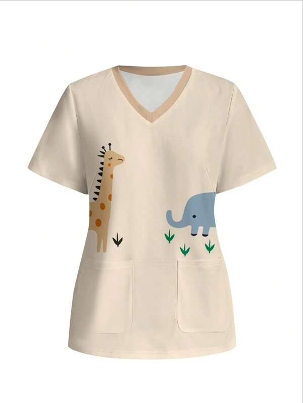 PopScrub Fun Giraffe & Elephant Print Casual Minimalist Scrub Top