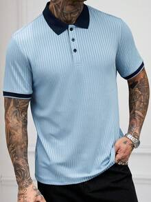 Manfinity Mode Camisa polo de manga corta con media abertura de botones y tejido acanalado para hombre - Azul - Ver 6