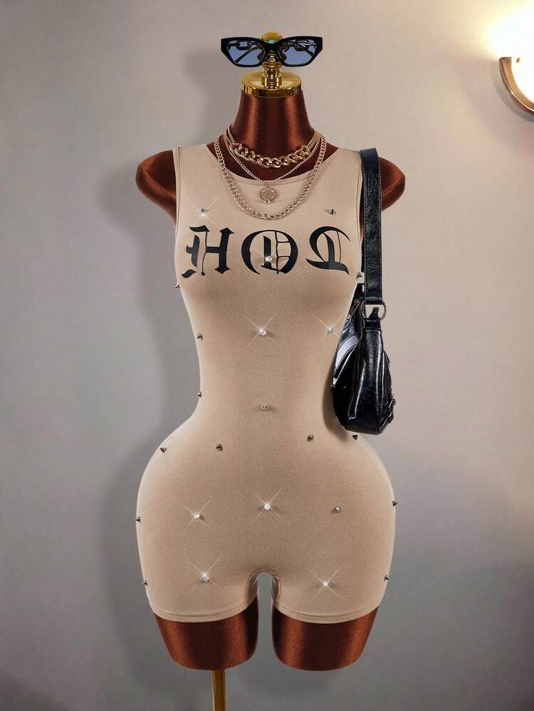 Amplova Women's Letter Print Rivet Sexy Round Neck Fitted Romper Unitard - Brown - View 2