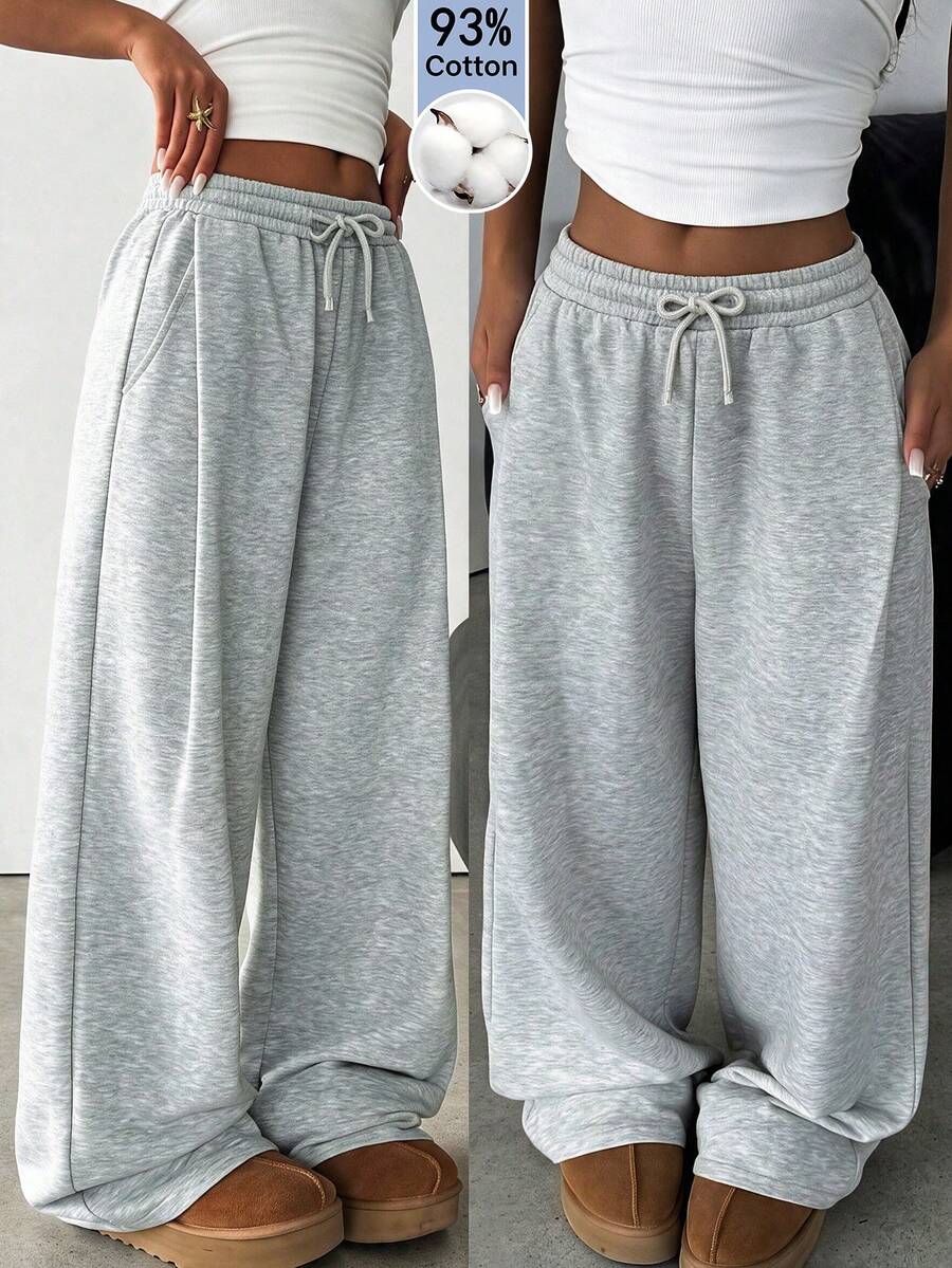 SHEIN Tween Girl Tween Girl Knitted Light Gray Loose Casual Versatile Drawstring Pocket Wide Leg Sweatpants - Grey - View 1