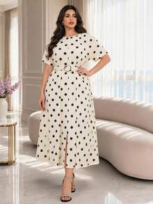Modelyn Plus Size Women Black And White Pattern Round Neck Short Sleeve Pleated Design Elegant 70's Dress Tea Party Brunch Dinner Summer - Apricot - View 1