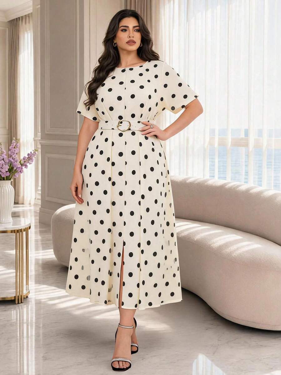 Modelyn Plus Size Women Black And White Pattern Round Neck Short Sleeve Pleated Design Elegant 70's Dress Tea Party Brunch Dinner Summer - Apricot - View 1