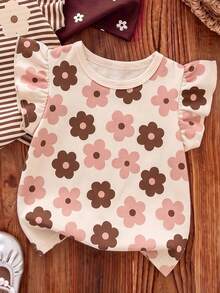 Souflis Souflis Kaos Lengan Pendek Leher Bulat Motif Bunga Ditsy Bohemian, Garis-garis Ungu Lembut, Pola Pita 3D, Kasual, Sederhana, Serbaguna untuk Anak Perempuan, 1 buah, Cocok untuk Musim Semi - Putih - View 4