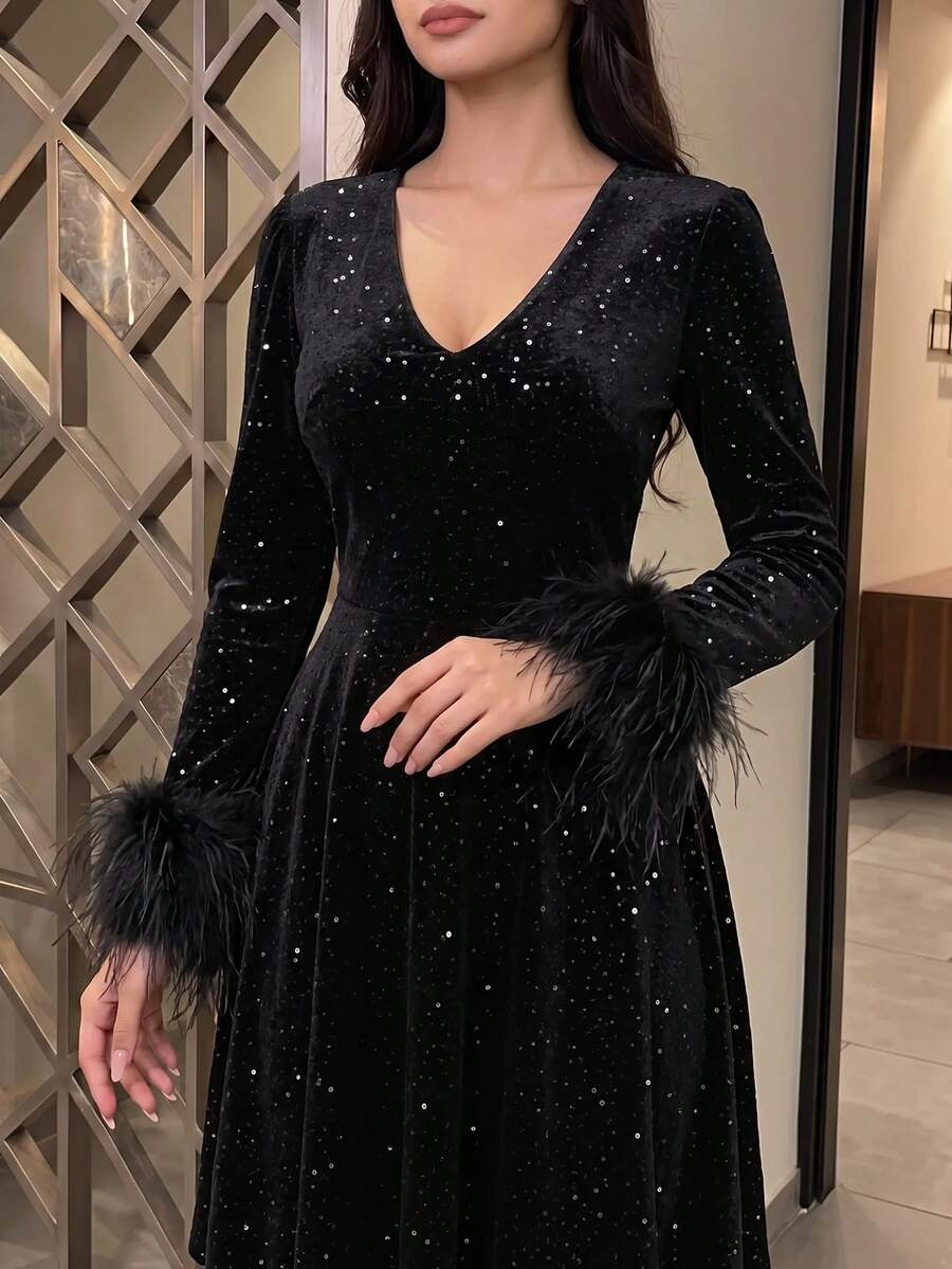 Modelyn Vestido mini elegante de mujer con cuello en V de unicolor, parches de lentejuelas y puños de peluche - Negro - Ver 1