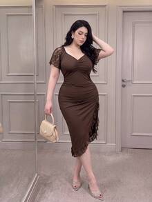 Vibekara Abito con maniche in pizzo, marrone caffè, adatto per appuntamenti romantici, feste formali, outfit per San Valentino, serate fuori, stile elegante e sexy per adulti - Caffè Marrone - Visualizzare 3