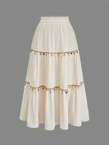 Sunnyshic Plus Size Vacation Style Tassel & Shell Decor Ruffle Hem Skirt Fall - Beige - View 4