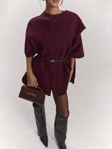 SHEIN BAE Women Deep Burgundy Wool Blend Cropped Jacket With Asymmetric Panel Design, Round Neck Oversized Coat With Belt, Elegant Chic For Office & Art Events - Burgundy - View 1