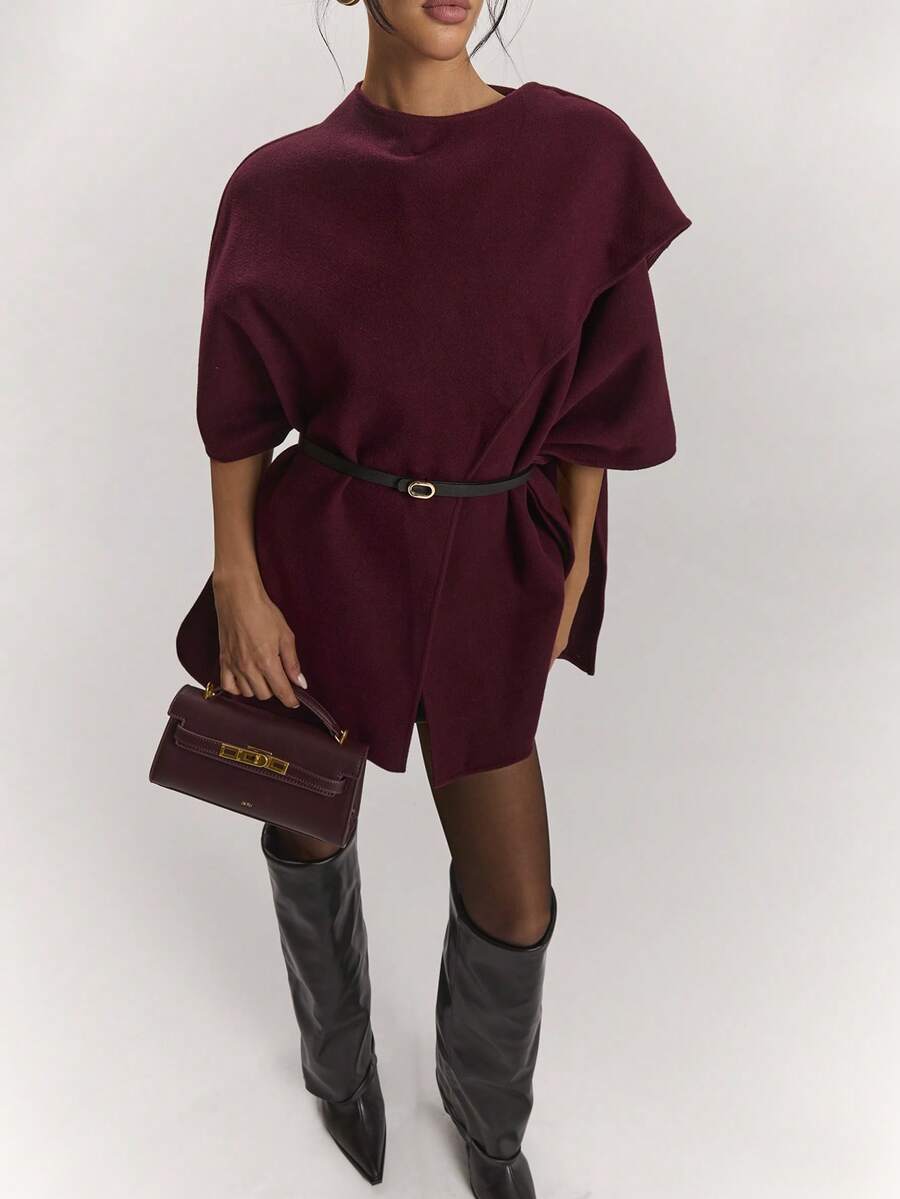 SHEIN BAE Women Deep Burgundy Wool Blend Cropped Jacket With Asymmetric Panel Design, Round Neck Oversized Coat With Belt, Elegant Chic For Office & Art Events - Burgundy - View 1