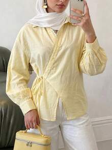 Solavon Women's Spring/Summer Casual Versatile 100% Cotton Yellow Long-Sleeve Shirt With Wrap-Style Panel And Lace Trim - Light Yellow - View 2