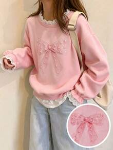SHEIN 女童休閒韓系拼接白色蕾絲刺繡領口與袖口喇叭袖衛衣，適合外出、上學與通勤 - 粉色 - 查看 7