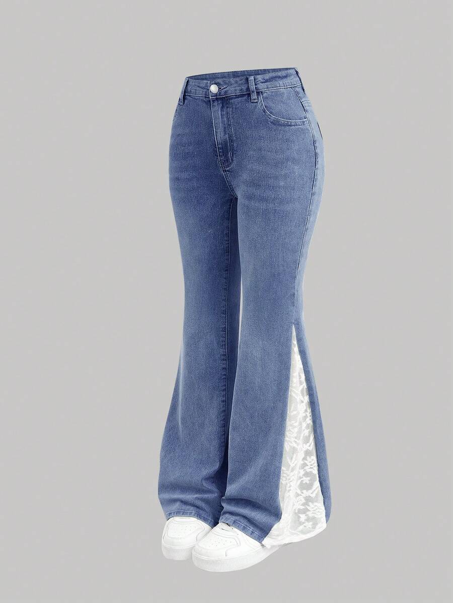 Girlism Teen Girl Contrast Lace Casual Flare Jeans - Medium Wash - View 1