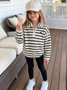 Elladie kids 女童秋冬新款抓絨字母刺繡半拉鍊圓弧下擺長袖高領上衣與刷毛黑色內搭褲套裝 返校季 - 黑與白 - 查看 2