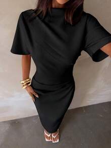 Aloruh New Solid Color Versatile Elegant Intellectual Minimalist Office Commute Waist-Cinching Ruched Decor Loose Top Fitted Hip Long Short Sleeve Dress - Black - View 8