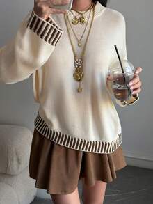 DAZY Women's Round Neck Dropped Shoulder Long Sleeve Patchwork Striped Loose Sweater - Apricot - View 1
