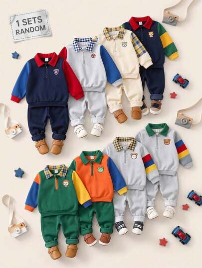 SHEIN Baby Boy Cartoon Pattern Knitted Soft Plaid Collar Long Sleeve Half-Zip Colorblock Sweatshirt