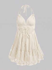 BELROSIE Vestido de mujer con cuello halter, volantes y lazo ajustable en malla Dobby, atuendo de vacaciones - Beis - Ver 2