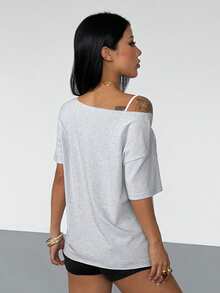 StreetHx Women's Grey Ripped Front Sexy Hollow Out Fringe Design StreetWear Y2K Baddie Punk Rock Oversized Suitable For Halloween Short Sleeve T-Shirt - Grey - View 2