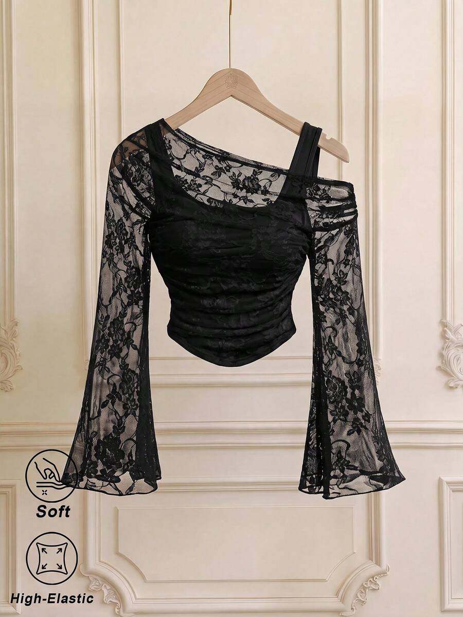 SHEIN MOD 女款露肩蕾絲二合一喇叭袖長袖上衣 - 黑色 - 查看 1