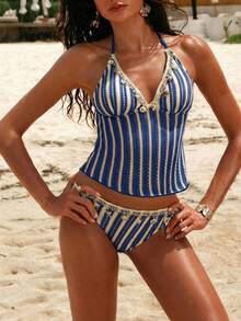 Swim Chiccia Women's Summer Beach Vacation Striped Shell Decor Halter Tankini Set - Navy Blue - View 8