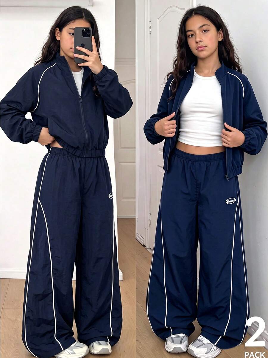 SHEIN 大女孩兩件式時尚休閒黑色立領夾克與長褲套裝，秋季穿搭 - 藏蓝色 - 查看 1