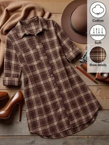 SHEIN LUNE 大尺碼女款格紋休閒連身裙 80年代 90年代 1920年代風 約會 辦公室 派對 畢業式 教師 開學季 秋季 巧克力棕 工作穿搭 - 咖啡棕 - 查看 1