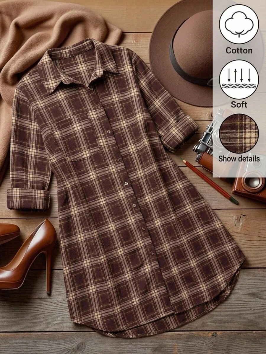 SHEIN LUNE 大尺碼女款格紋休閒連身裙 80年代 90年代 1920年代風 約會 辦公室 派對 畢業式 教師 開學季 秋季 巧克力棕 工作穿搭 - 咖啡棕 - 查看 1