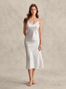 EverLounge Lace Trim Satin Slip Pajama Nightdress Luxeloungewear - White - View 3