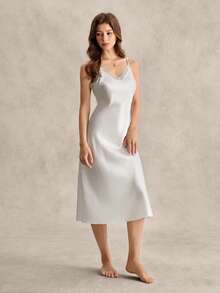 EverLounge Lace Trim Satin Slip Pajama Nightdress Luxeloungewear - White - View 4