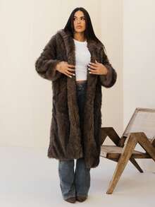 Maju Mazalli Women's Hooded Long Faux Fur Coat, Autumn/Winter - Brown - View 4