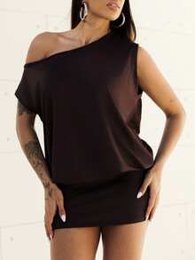 Maju Mazalli Cutout One Shoulder Short Sleeve Mini Dress, Loose Top Tight Bottom, Suitable For Young Ladies Night Dark Brown Summer Elegant - Coffee Brown - View 7