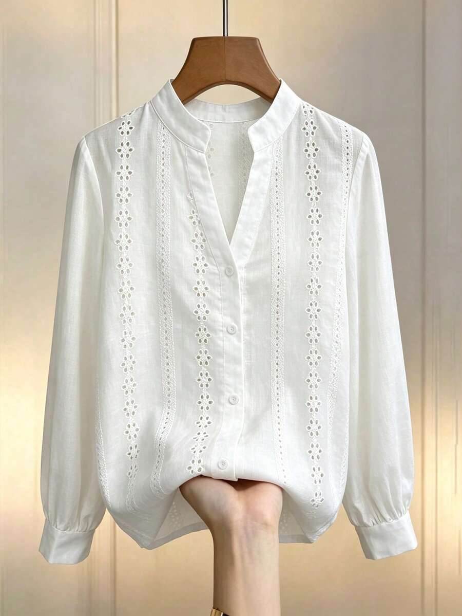 Louniche Women's Elegant Embroidered Hollow-Out Textured Jacquard Casual Commuter Blouse, Spring/Autumn - White - View 1