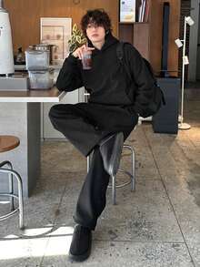 DAZY Black Ribbed Brushed Solid Color Loose Hooded Sweatshirt With Elastic Waist Long Pants Men's Hoodie Set Fall - Black - View 7