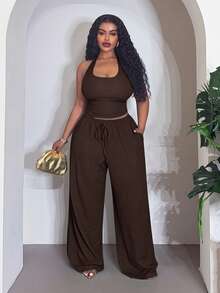 Veslaya Plus Size Women Solid Color Halter Neck Tank Top And Waist Tie Wide Leg Pants Casual 2 Pieces Set - Rust Brown - View 6