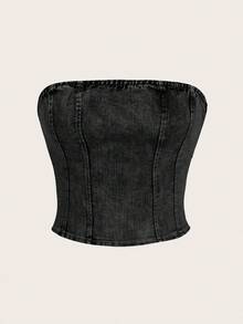SHEIN MOD 女款時尚休閒抹胸塑形牛仔上衣 - 黑色 - 查看 3