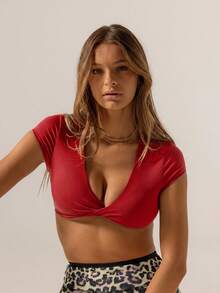 Aralina Women's Solid Color Twisted Knot Pleated Casual Daily Sports T-Shirt - Red - View 5