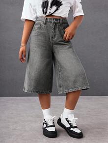 SHEIN Tween Girl Casual Washed Wide Leg Jeans - Light Wash - View 4