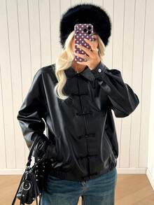 SHEIN EZwear Fashionable Versatile Black Frog Button PU Leather Jacket - Black - View 8
