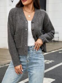 SHEIN PariChic Women's Elegant Lazy Versatile Double Pocket Knit Cardigan - Grey - View 8