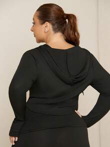 Lele Munniz Plus Size Black Solid Color Full Zip Hooded Casual Jacket,Fall Clothes For Women - Black - View 2
