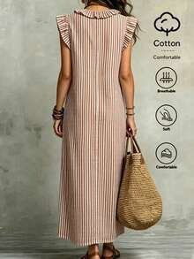SHEIN 女款復古條紋荷葉邊口袋洋裝，適合旅行穿著 - 鏽棕色 - 查看 2