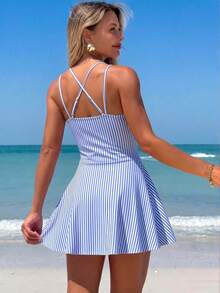 SHEIN Swim 女款夏季沙灘花卉印花抽繩交叉肩帶V領抓皺性感泳裙短裙 - 藍色 - 查看 4